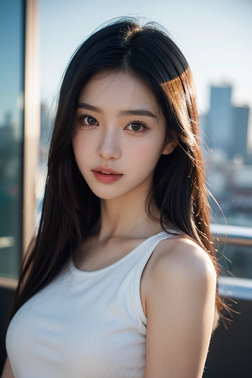 1 beautiful girl, (portrait, bright lighting on the face:1.5), facing upper body, fitness body, having abs, naked, accurate human well-proportioned body, masterpiece, Best Quality, Photo-realistic, Ultra-detailed, High resolution, 8K Wallpaper, 16 years old, European and Asian mixed face, (fine-featured face, light makeup, :1.5), elegant, intelligent, sporty, dark brown messy long hair, long limbs, huge and well balanced round breasts, double eyelid, big pupils, Beautiful detailed eyes, Detailed realistic skin texture, Perfect dynamic composition, Basement background, concrete wall background,
