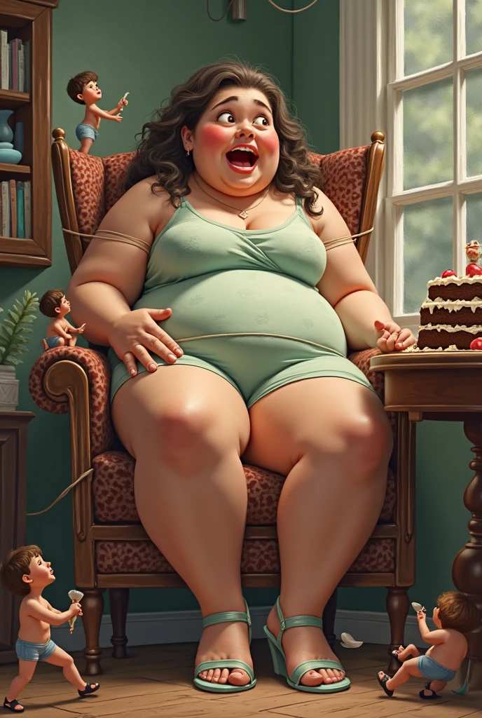 one women, big breasted, big butt, diaper sagging, sagging, crib, beautiful women, ginormous sagging diaper, one brown skinned women, colorful dress, colorful diaper, sitting, sitting in crib, diaper can not fit butt, thick thighs, big breasts, butt too big for diaper, facing towards me, full body, whole body, big , brown eyes, big lips, brown lips, cute feet, frizzy hair, 5 toes,