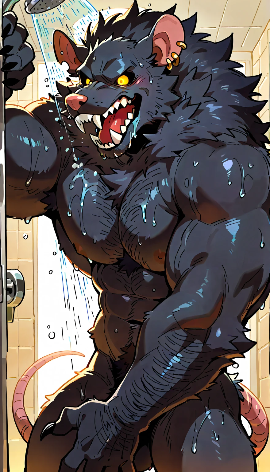 Pitch black wolf、pitch black body、black abdomen、large amount of pubic hair、large amount of chest hair、crimson detailed eyes、very large groin bulge、Backward body、Laboratory background、Angle from behind、Completely naked、Body wet with a large amount of milk、Screaming expression、angry look、soaking wet、