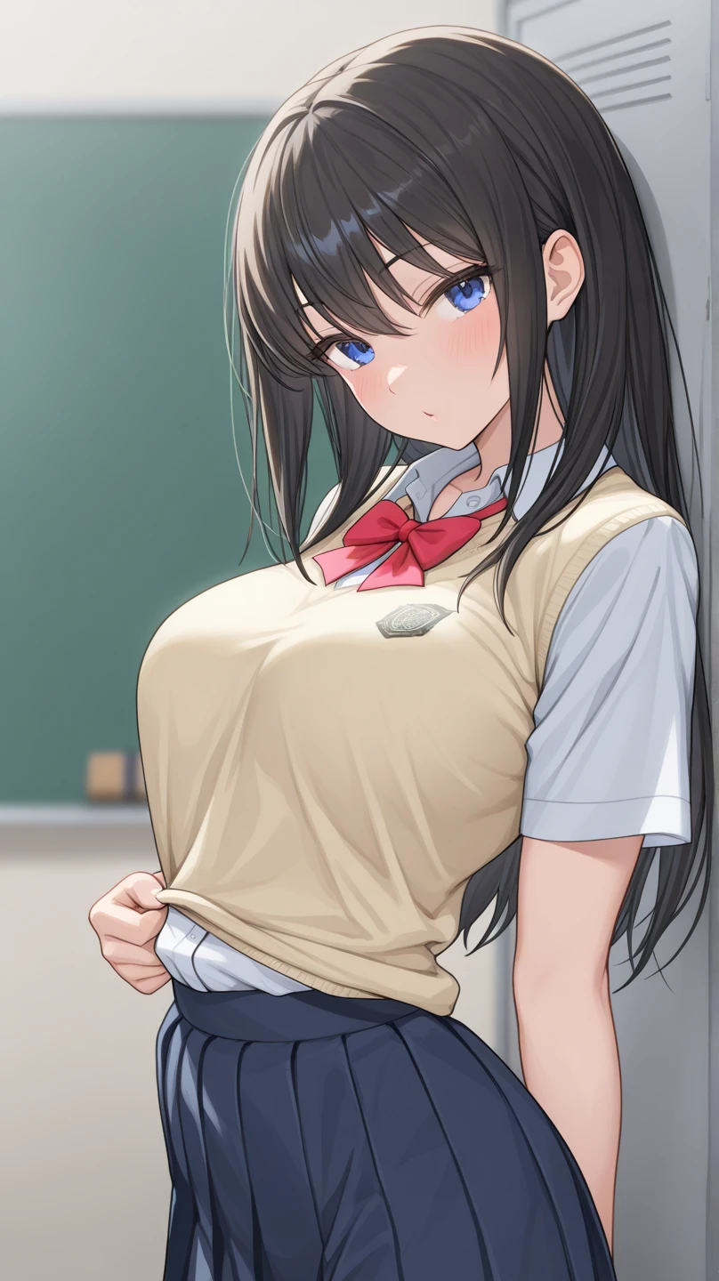 ((best quality)), ((masterpiece)), ((detailed)), (((perfect face))), (((slender 18yo teenage girl))), (((medium breasts))), ((((topless)))), (((dark blue pleated skirt))), ((dark brown hair)), ((short ponytail)), (((blue eyes))), ((shy:1.2)), ((blushing:1.3)), (((individual desks, wall, window))), (((bare chest))), ((bare stomach)), ((bare shoulders)), (((bare arms))), (((girl looking away))), (((bare thighs))), (((view from above))), (((standing))), ((((both arms behind back))))