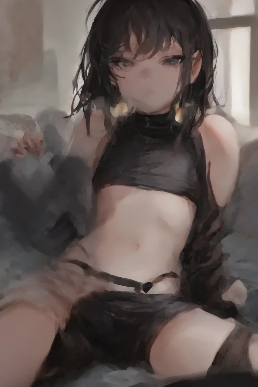 femboi, ((Masterpiece)), (1 girl), (Cute: 2.0), The face is extremely detailed, Enchanted expression, Strong gaze, Black Double French Braid, (Thin structure),Slightly round face, Tanned brown face, Healthy face, Big eyes, Thin thighs, (Small chest), confident pose, harsh, Almond-shaped eyes, rich palette,choker necklace,3D,open-toe high heels, goddess