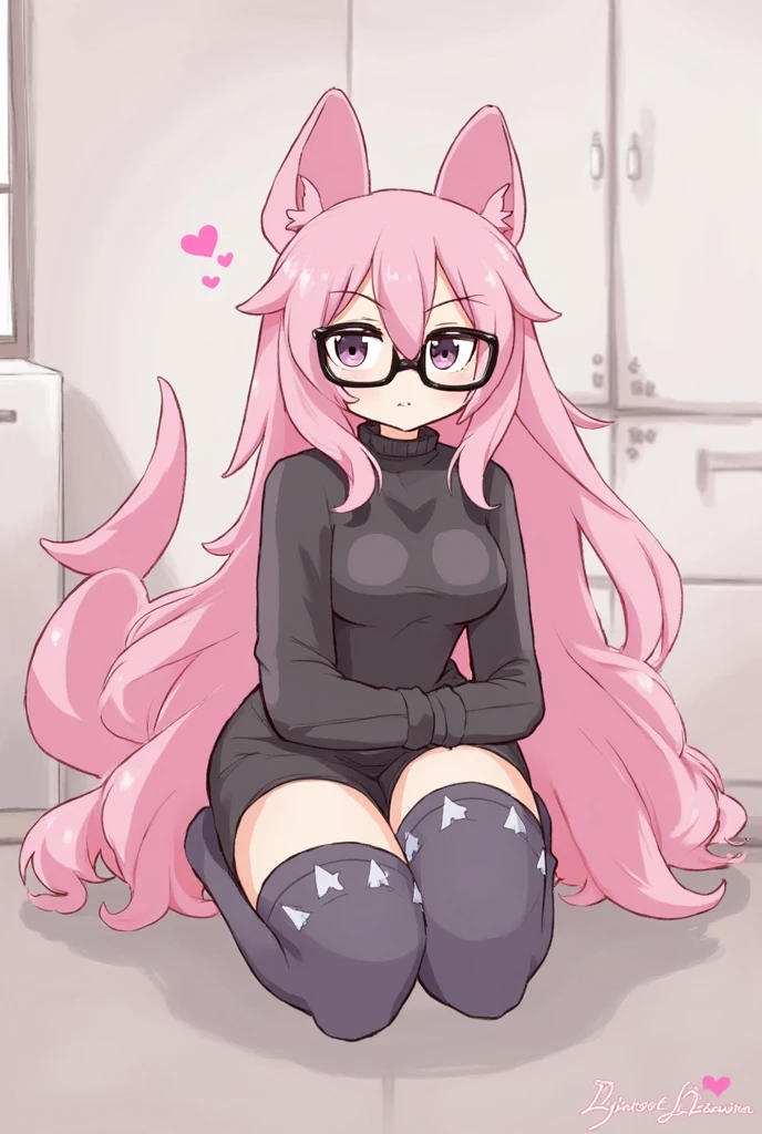 Tall girl with pink hair with cat ears wears a short black sweater and a short black skirt and black stockings on her legs with big breasts and wide hips and wears glasses and has a pink cat tail and a cute expression