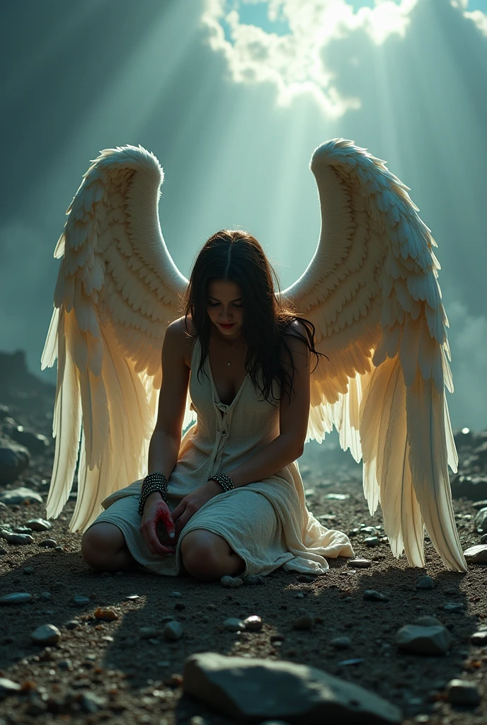 full scale, super low angle shot, The beautiful angel fell, black hair, had very large wings, wore a very worn white cloth, dirty body and wings, knelt down and looked very angry, shouted and looked up.
HD professional photographer, MidJourney v6 realism, light focus on face, ultra detail on face, 
dark light, epicrealism, atmospheric impressionism, bokeh, film dramatic realism, pre-raphaelite realism, best tone, hard focus realism --ar 36:61 --stylize 750 --v6