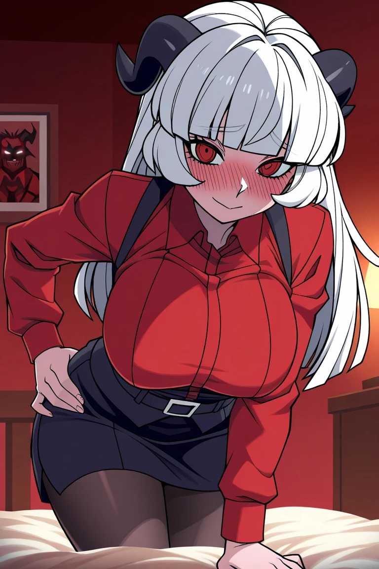Beauty gothic girl night black Blouse v-neckline, leather skirt, thights, Wide legs Small waist, wide big hips, model pose, only two Arms With a red bow making an ahegao face with Crossed eyes and Tongue out with drool drops, with bigtits and stimulating a huge penis between her breasts