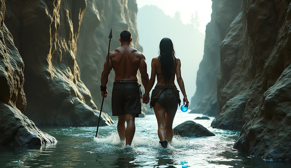 Primitive muscular and attractive man and woman, Coming out of a cave head on.
 He with a kettlebell in his right hand and she with a dumbbell in her left hand 