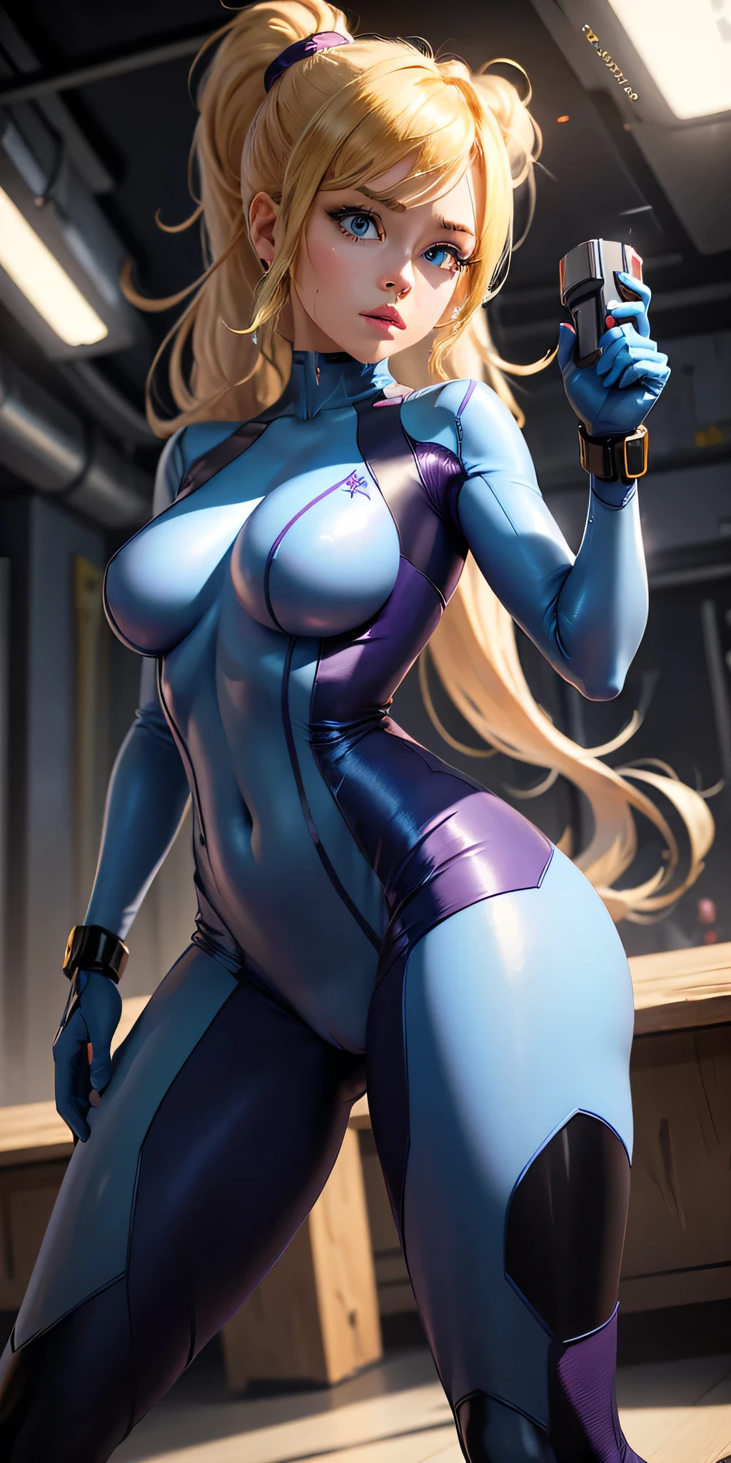 Masterpiece, high quality, highres, anime, perfect anatomy, (1girl), simple background, gigantic breasts, hands on hip, samus aran, blue bodysuit, ponytail, covered, from below, low angle human, standing, tall, breast focus, from the front,