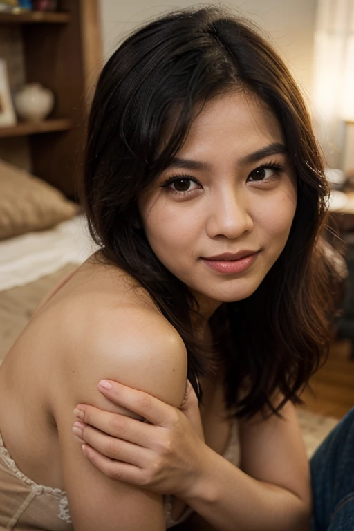 A beautiful Malay girl, naked, slim figure, skinny body, small breasts, smiling widely with showing teeth, happy expression, pale fair skin tone, flawless skin, soft makeup, red lipsticks, ultra realistic, seductive pose, indoor, (best quality,4k,8k,highres,masterpiece:1.2),ultra-detailed,(realistic,photorealistic,photo-realistic:1.37),close-up shot by Sony a7 IV DSLR camera with Sony FE 85mm f/1.4 GM lens, depth of field, HDR, UHD, detailed face, beautiful detailed eyes, beautiful detailed lips, extremely detailed eyes and face, long eyelashes, highly detailed vulva and vagina, bright colors, high key brightly lit lighting, morning scene, random background scene