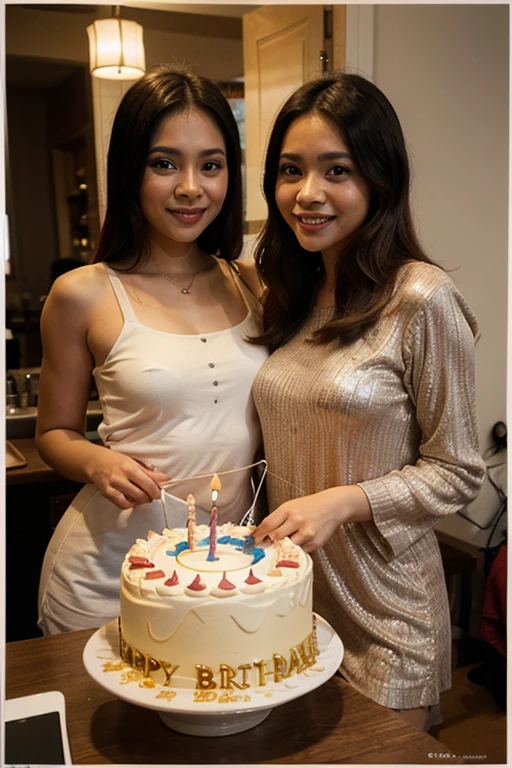 nepali blonde girl celebrating her birthday with her husband , cake and balloons decoration background