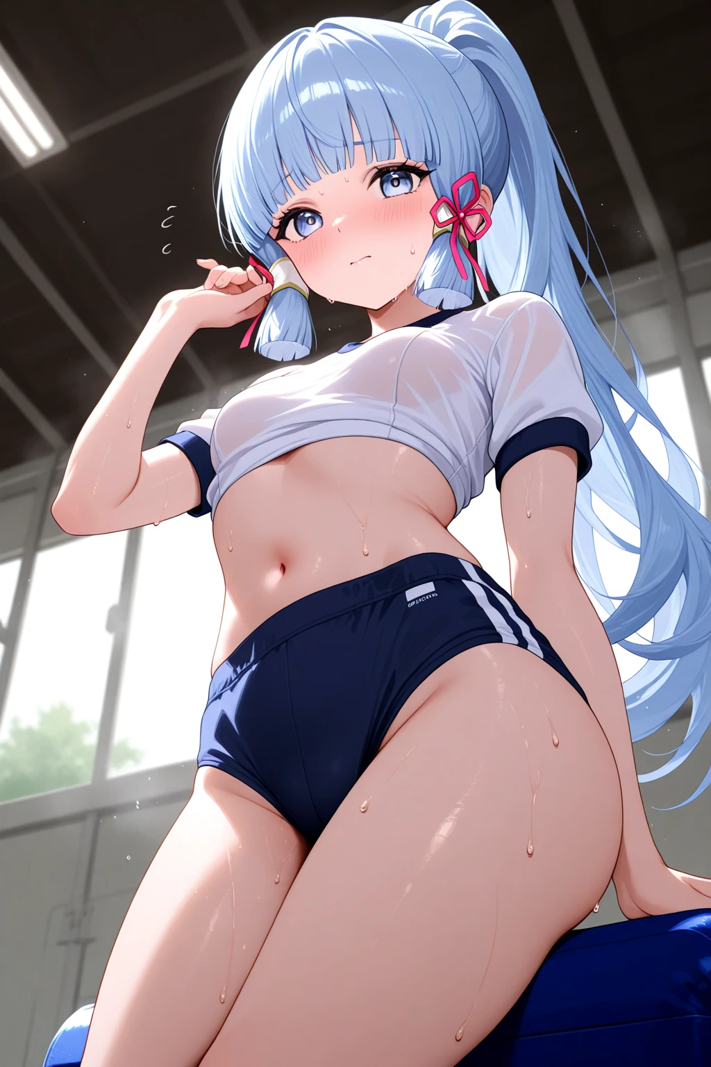 NSFW,masterpiece,Highest quality,High resolution,Super detailed,Star Town Suisei\(Hololive\),Blue Hair,One Side Ponytail,Blue Eyes,Small breasts,Track and field club,Descente Bra Top,Descente One Point Shorts,Streaks,School,locker room,bench,Embarrassed,blush,(In heat),sexual excitement,Seduce,Expecting face,Spread your legs,(Masturbation)