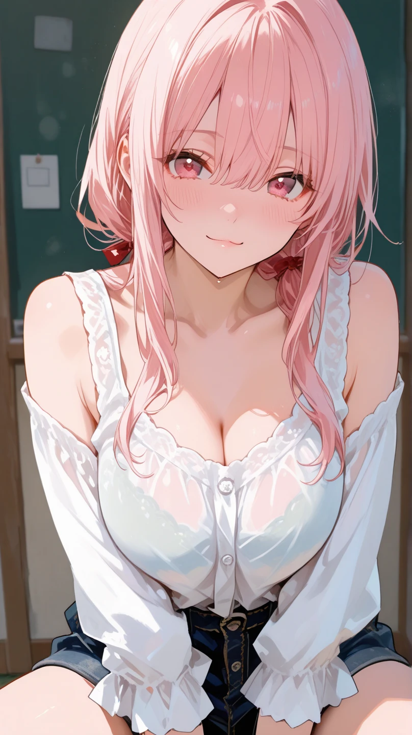 (musterpiece), (best quality), (score_9, score_8_up, score_7_up), very detailed eyes, expressive eyes, perfect face, very detailed face, highly detailed face, beautiful girl, 8K, beautiful girl, (white background:1.3), delicate and beautiful face and eyes, dark intense shadow, 1 girl, solo, vtuber style, cool girl, hololive, vtuber, sakura miko, green eyes, pink hair, ahoge,  low twintails, see-through:camisole, oversized white camisole, big white camisole, messy clothes, off the shoulders, Healthy slim body, big chest, soft chest, cleavage, clavicle, half-closed eyes, sleeping, breathing, ass visible through thighs, (whole body), sleeping face, lying on back,lying on bed, arm up, arm on forehead, armpit, look up, light smile, one knee up, from below, pov crotch,
