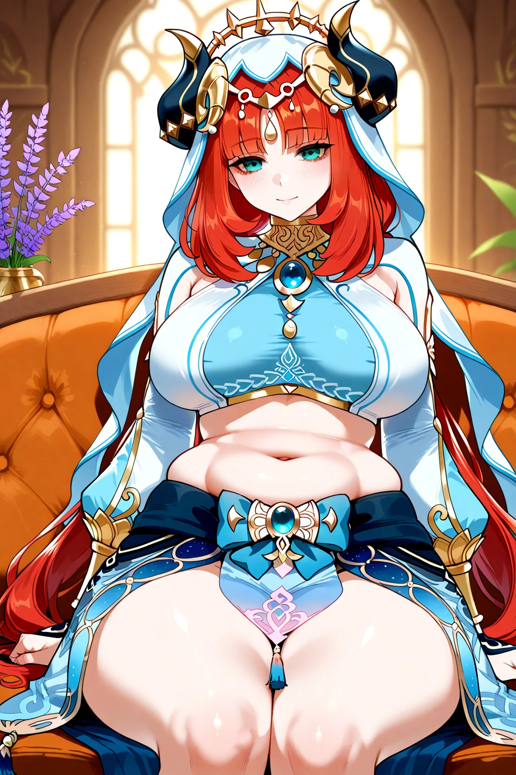 Queen,PAWG,Huge breast,huge hips,curvy body,genshin impact,Nilou,sit on sofa,lap pillow,aether cute, a character from Genshin Impact, wears a white and blue outfit inspired by traditional belly dance costumes and the culture of the Western Regions. Her outfit includes a cropped top, a low-waist skirt, and various golden and blue ornaments. She also wears a white veil with a gold laurel wreath and a heart-shaped tassel, adorned with lavender flowers. Her Hydro Vision is attached to a large blue band on the back of her skirt.