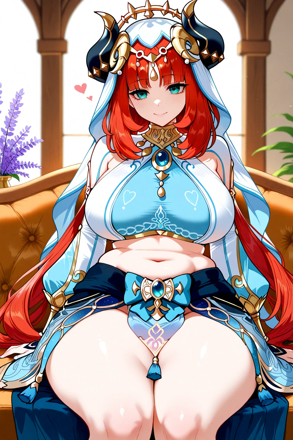 Queen,PAWG,Huge breast,huge hips,curvy body,genshin impact,Nilou,sit on sofa,lap pillow,aether cute, a character from Genshin Impact, wears a white and blue outfit inspired by traditional belly dance costumes and the culture of the Western Regions. Her outfit includes a cropped top, a low-waist skirt, and various golden and blue ornaments. She also wears a white veil with a gold laurel wreath and a heart-shaped tassel, adorned with lavender flowers. Her Hydro Vision is attached to a large blue band on the back of her skirt.