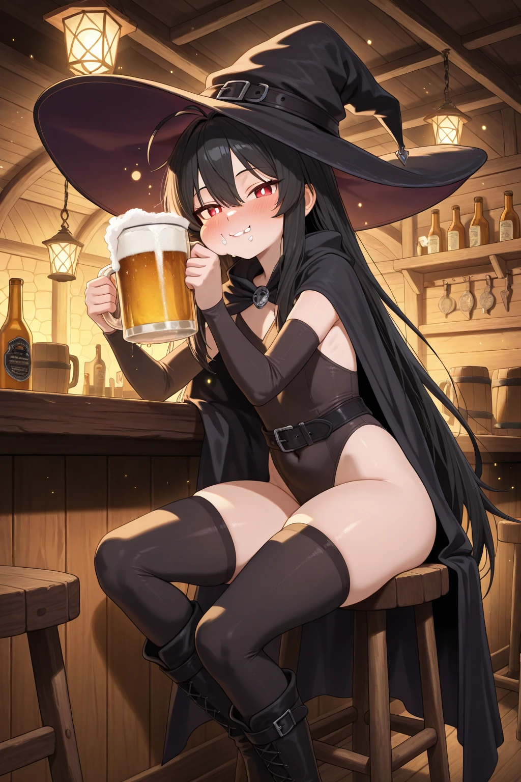 ((dark fantasy art)), beautiful demon girl, glossy black cylinder hat, ((black skin)), dark black skin, black skin, ((ash skin)), ((black glossy skin)), long black hair, long bangs, ((drinking milk from jug)), (short clothing), open belly, surrounded by cats, highly detailed art, highly detailed background