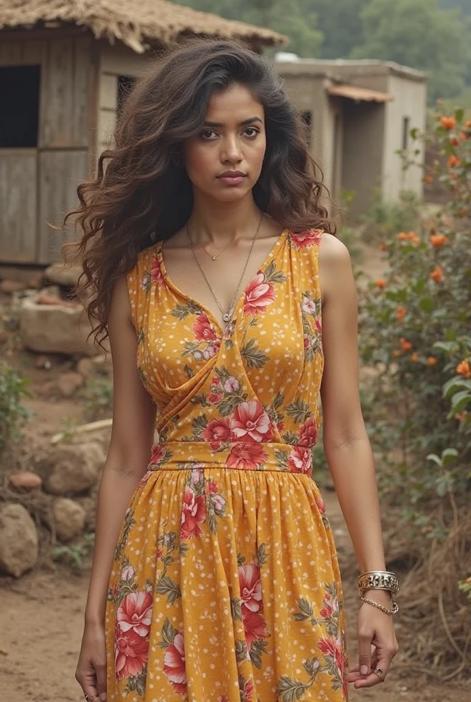 Sri lankan #anty, on mini frock. face stright, no smile, one hand on #hip other on #knee, fair skin.