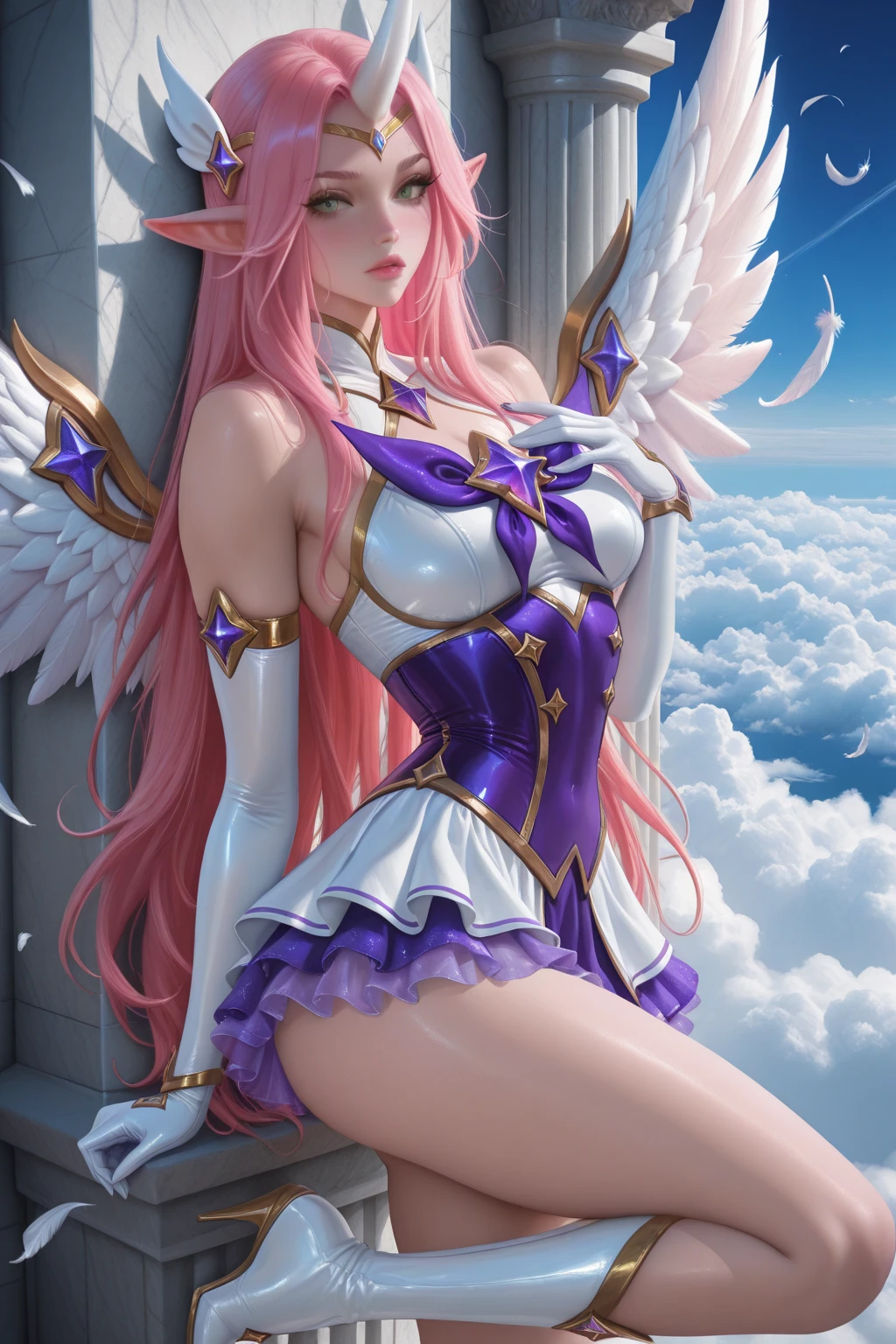 Anime - a stylish image of a woman dressed as an angel sitting on a bed, angel knight girl, Anime goddess, angel knight gothic girl, beautiful and seductive anime woman, a beautiful fantasy empress, ((a beautiful fantasy empress)), beautiful female angel, beautiful fantasy maiden, beautiful cyborg angel girl, full - body majestic angel, beautiful angel, as a mystical valkyrie