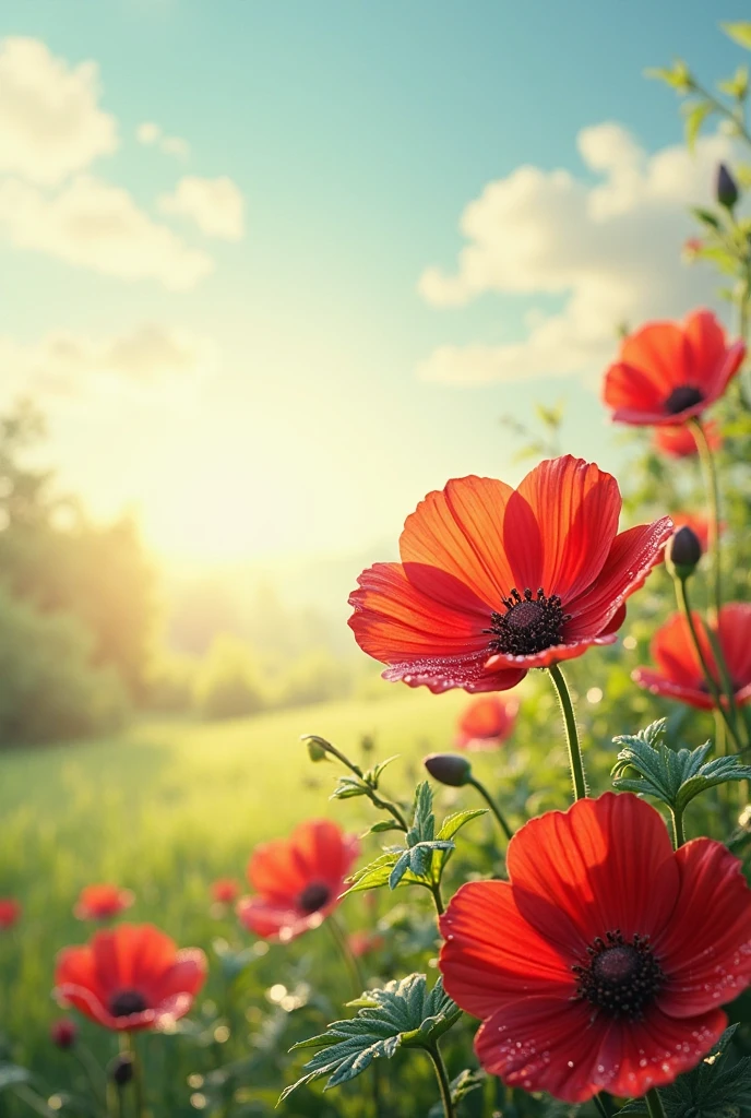 Create a 3d image of a poppy in full growth and bud with an extraordinary background In horizontal size, as for a wallpaper