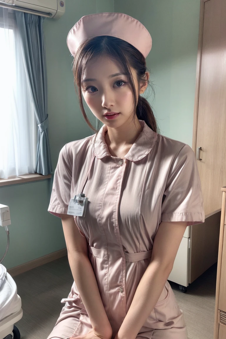 ((Medical Slabs:1.5)、A female technician leaning forward and peering at a patient in a hospital、Breast flash、Cleavage)、(Realistic、Like a photograph、Live Action、, Realistic, RAW Photos, Best image quality: 1.4), Single-lens reflex camera、RAW Photos, Highest quality, Realistic, Very detailed CG Unity 8k wallpaper, Written boundary depth, Cinematic Light, Lens flare, Ray Tracing, Realistic background、hospital:1.4、(nurse:1.4、Medical scrub:1.3、Toned body)、((Ultra-dense skin))、 woman,Cute Japanese nurse、((Leaning forward、((whole body:1.5))、During examination:1.1、Serious expression))、Pink inner color hair、short hair:1.2、Short Ponytail、I like that style、stylish、Very detailed、Pay attention to the details、Perfect outfit、(Sunburned skin)、Beautiful legs:1.1、Front top view、Anatomically correct body、Accurate fingering