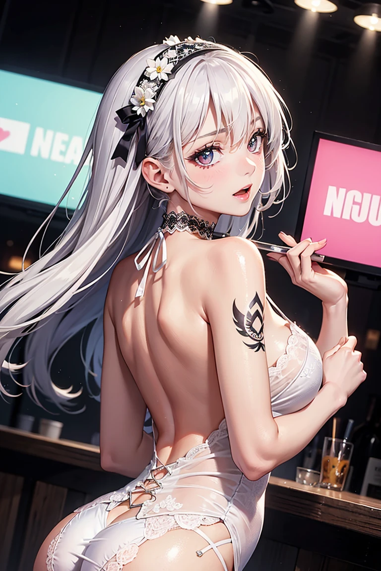 (Trendy Art Station, Pisif, Anime style), grown woman (28 years old), Long hair with bangs, White hair with purple details (Hair color: white colors,purple color details) Detailed body ((Huge breasts, Giant breasts, ) (upper legs, Wide hips, Thin waist)), Wear the strap all over the body (The color of the band: White with red details) Sticks to the body, Red eyes (Red eyes, Red iris), excited, crazy, Sensual, Sexy, a sexy pose, concept-art, Anime style, reflective light, back lit lighting, Cinematic lighting, High detail, surrealism, Realism, hyper photorealism, Masterpiece, Anatomically correct, Super detail, High detail, High quality, Award-winning, Best quality, anime big breast, Ray tracing, angle of view, hyper HD, 8K, yes,(Hyperrealistic), (illustration), (high resolution), (8K), (Extremely detailed), (Best Illustration), (Beautiful detailed eyes), (Best quality), (Super detailed), (Masterpiece), (the wallpaper), (Detailed face), Solo, (Dynamic pose), 1 girl, White wavy curls in the kitchen, Korean, Heterochromic eyes, Small moles under the eyes, ((aprons)), Large breasts, Long legs, Tighten the abdomen, (Camel fingers), (Black socks), (No panties), (No bra), (full bodyesbian) --auto