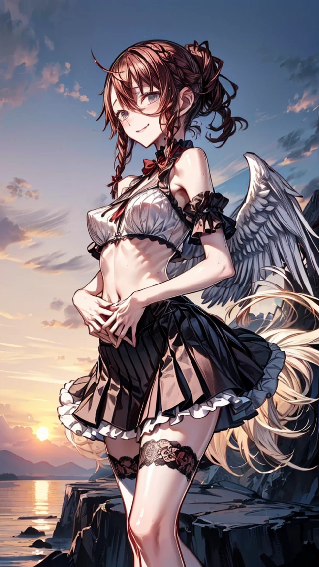 (masterpiece, highest quality), one girl, showing off panties, white panties, cameltoe, (((lift the skirt by self))), from below, standing, look of contempt, (((a pair of black wings))), several tiny ghosts, ((orange and brown gradient dress)), (in castle), ((light blue long hair)),