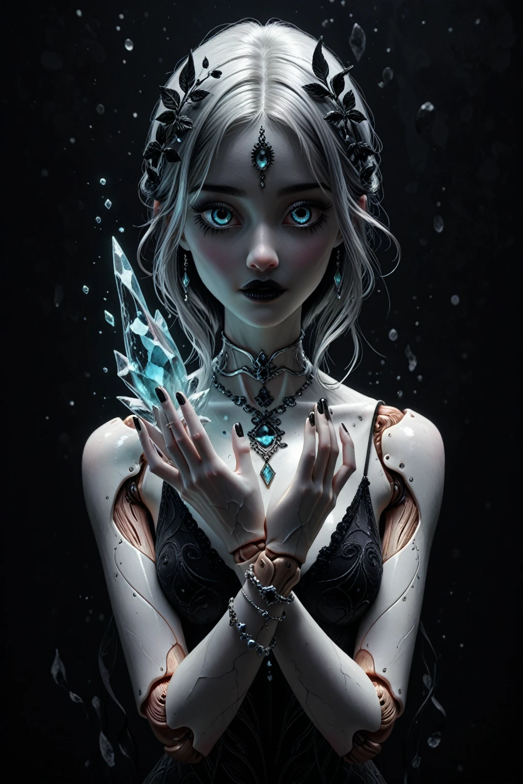 (best quality, highres, ice skull:1.1), ice skull, girl style, thick body art, detailed facial features, icy blue eyes, glossy lips, long eyelashes, porcelain skin, blue and silver color scheme, intricate skull design, realistic texture, vibrant colors, elaborate background, mysterious atmosphere, frozen garden, snow-covered trees, sparkling ice crystals, surreal lighting, fantasy elements