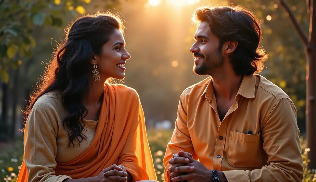INDIAN 20 year old girl wears yellow tshirt and jeans, seating with 35 year old handsome indian man who wears white tshirt. Both are seating near to the rainfall, and hugged each other. Both are wet and their tshirts are wet.