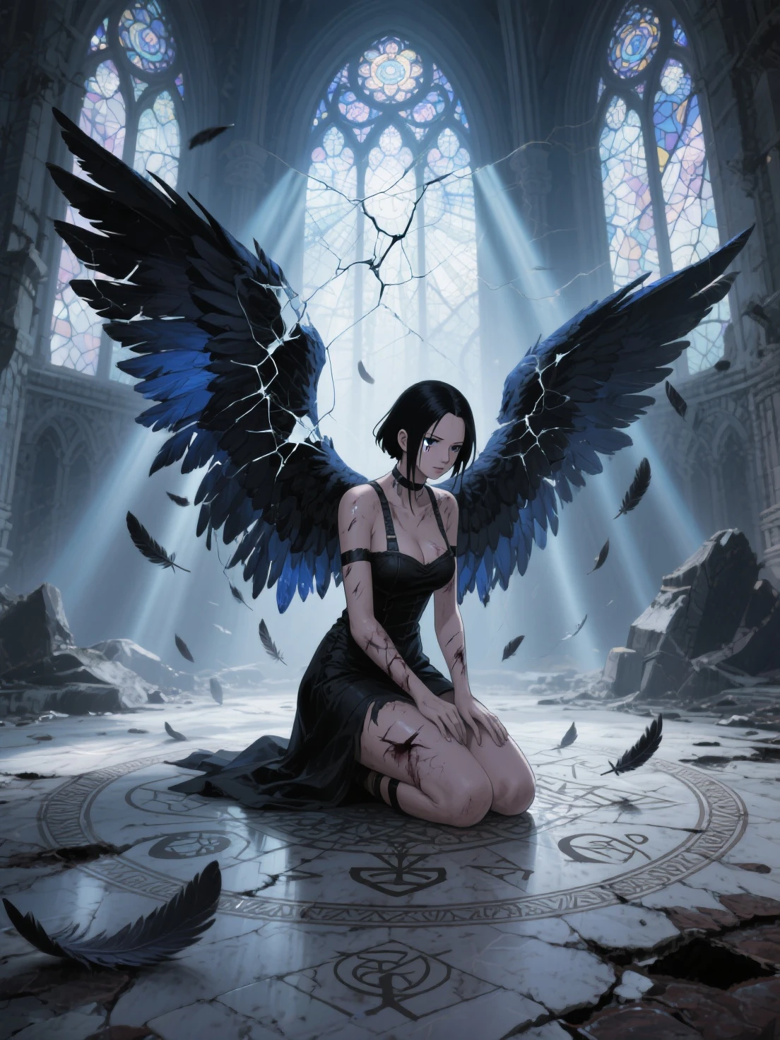 A full-body portrait of a girl wearing a white cloak, surrounded by an atmosphere of solitude, darkness, and oppression. The girl's expression is somber as she stands amidst the gloom, her face partially obscured in shadow. Her white cloak is stained with blood and dirt, reflecting the struggles she has faced. Her hair is disheveled and messy, adding to the overall disarray and turmoil. The composition showcases her profile, revealing a glimpse of her determination and resilience. Behind her, a pair of tattered wings symbolize her desire to break free from her constraints, despite the broken sword she holds, a testament to past battles fought. The overall scene captures a sense of melancholy, depicting the girl's internal struggles and the weight she carries. Executed in a bold and expressive style, with dynamic brushstrokes and a subdued color palette that emphasizes the darkness and heaviness of the atmosphere.