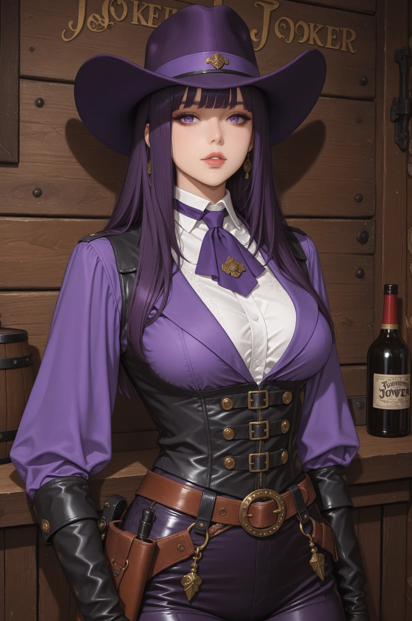masterpiece, 32k uhd best quality, highly detailed, 1 girl, solo, giclorinde, purple eyes, big breasts, hair between eyes, long hair, dark blue hair, earrings, black skirt, miniskirt, pantyhose, purple ascot, purple capelet, black corset , black pantyhose, black skirt, white gloves, hat, tricorn hat, in fontaine.
