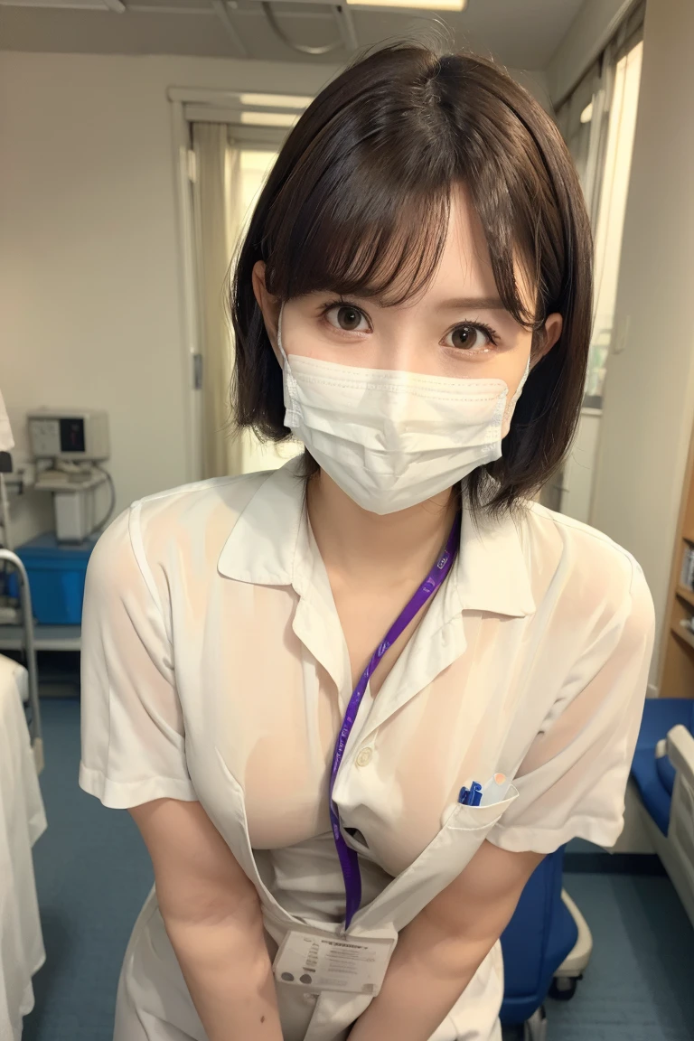 (NSFW:0.9), 1 girl,female doctor,30 year old beautiful woman,alone, operating room,light smile, small breasts, white trench coat nurse uniform:1.5,open clothes, slender body shape,small pink lace bra:1.5,small pink lace panties:1.5,Fancy makeup with red eyeshadow,Brown short cut with side waves,