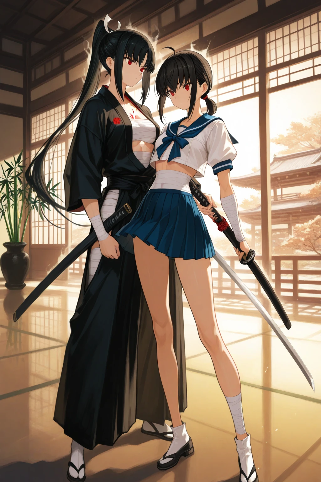 beautiful samurai girl, beautiful smile, shirt with buttons open, tiny panties, seen from behind, holding a katana in a samurai battle