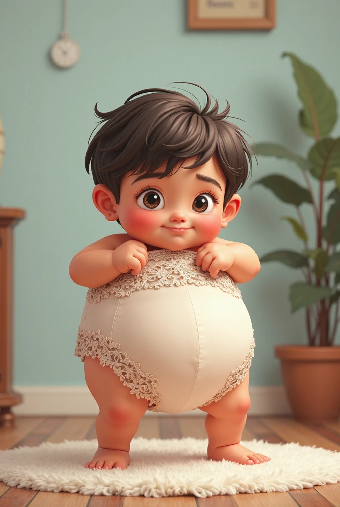 (Obra prima), (Pixar), retrato de corpo inteiro, olhando pra frente, with small feminine aesthetic appearance, pequenos seios, a roupa deve incluir saia muito curta, mostrando calcinhas fofas,. Ela deveria sorrir timidamente enquanto se alongava, dando a ela um visual safadinho