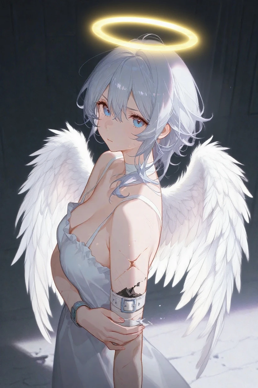 (masterpiece:1.1), (best quality:1.1), (Vibrant colors:1.1), (Solitary:1.2), (1 Girl:1.0), ((weightlessness,Falling posture)),Drunk,Close your eyes,Tears,((Broken lens)), (stocking:1.0), ((Broken feather wings)),Angel Wings, (fallen Angel),Torn light-colored clothing,Blood