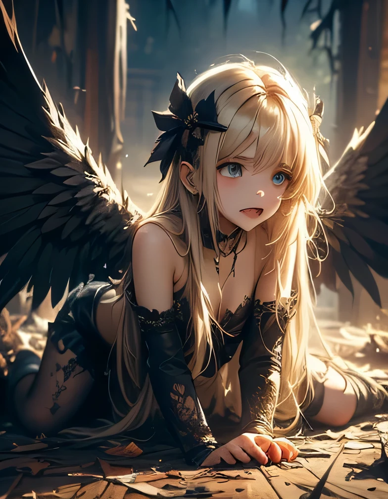 8K, Raw photo, Photorealistic, (Detailed skin, Best Quality:1.2), seductive succubus, (black wings), Teenage Japanese girl with black angel wings flying high in the evening sky, ((black evening dress, black lace dress)), (((flat chest:1.4))), (light blonde hair, long  straight hair), (Neat face, pale skin), full body shot, translucent black cloth is wrapped around the body, thighs, sunset sky high, sunset light