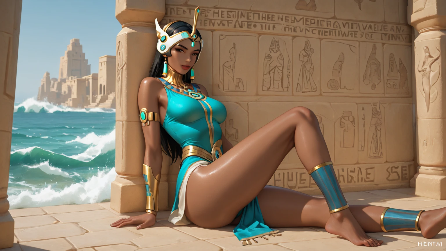 a beautiful wlop style face like an Egyptian goddess, sexy, perfect, toe-length straight hair and loose, silky golden skin (oily lighting) full lips, Egyptian scarf, jewelry and bracelet (otorealistic:photorealistic, 8k Work-premium), wearing a gold and white Egyptian garment, Black screen ((black background)), (Hyperrealistic: Lifelike intricate details), Smiling: Features, (Well detailed texture and pure atmosphere perfect lighting), beautiful vagina, vagina with soft hairs, beautiful breasts , perfect breasts, erotic pose, provocative sexy pose, transparent clothing, naked body with flower tattoo, pyramid in the background of the scene, pyramid with straight light on top, night sky, cloudy sky with rays, full moon, lamp and lantern, beautiful naked Egyptian goddess covered in jewelry and tattoos, cinnamon skin with shiny oil, jewelry in navel and vagina, interior of Egyptian temple, cloudy night with fog and lightning, Egyptian column, hieroglyphs on columns, girl lying on a column, fantasy, wlop art style, full female body, perfect female body, fighting expression, slight smile, delicate and perfect body, digital painting, colorful, ink painting, beautiful watercolor, real, vivid colors, by Pino Daeni, Frank Frazetta, WLOP Style Art, skin wet with water, toes submerged in a pond, flowers and garden inside the Egyptian temple, full moon, burning torch, girl looking into the water,