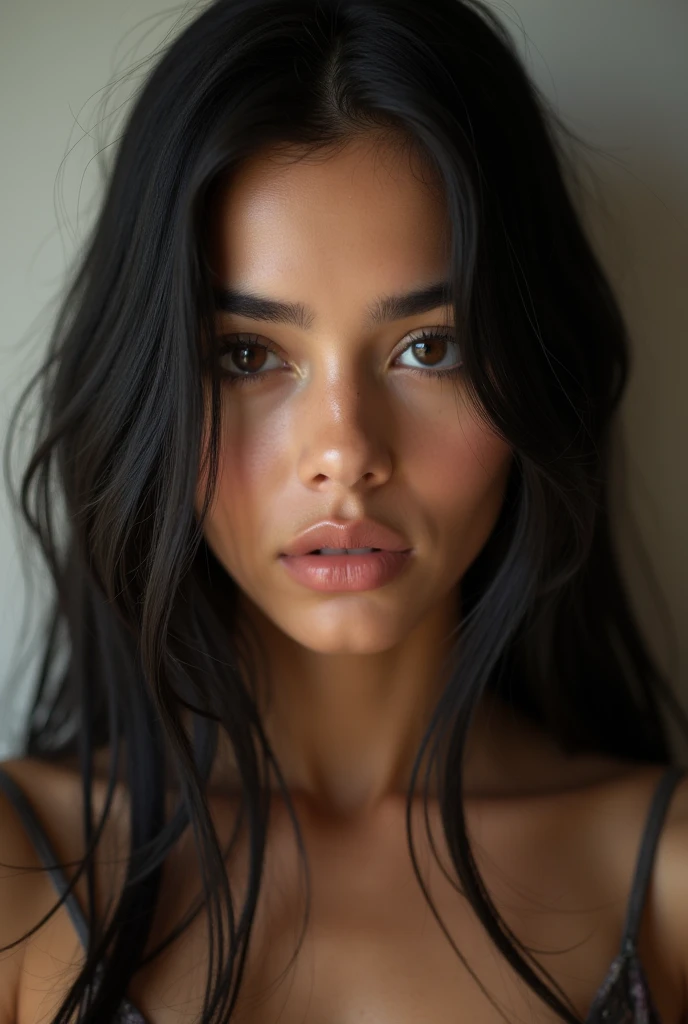 A indian girl without cloth who is white her one teeth is not her face is rectangle shape she have long hair,big black eyes