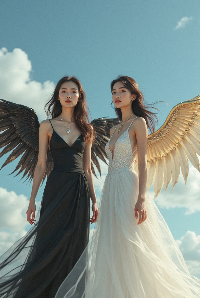 masterpiece,highest quality,Very detailed,Two Girls,MD Symmetry,alone,whole body,(White Wings:1.2),(Blackwing:1.2),night,moon,continue,