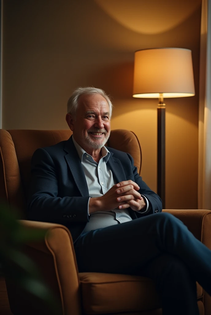 full length photo of (harold:1.3), smiling, 8k uhd, dslr, high quality, film grain, Fujifilm XT3, (harold is watching TV news:1.3), working TV, image on the screen