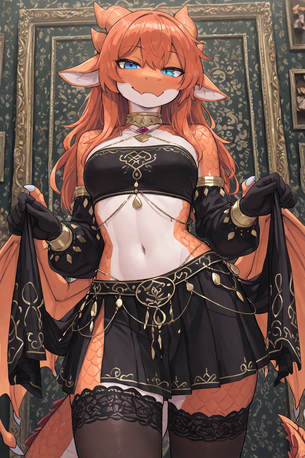 Masterpiece, High quality, High quality of art, best quality, anime lineart, Femboy, light carrot hair, fox ears, fox tail, Red eyeshadow, purple eye color, Bare belly, Femboy, military armlets, general's pants, A heavy golden bow with rubies, black-green blue clothers, hair with a small count of dark carrot hair, A longbow behind his back, half sleep eyes, Platinum bell and bow near the ear, a small shorts, Red and white rope belt, no human ears, Black heart tattoo on tummy, light carrot hair 