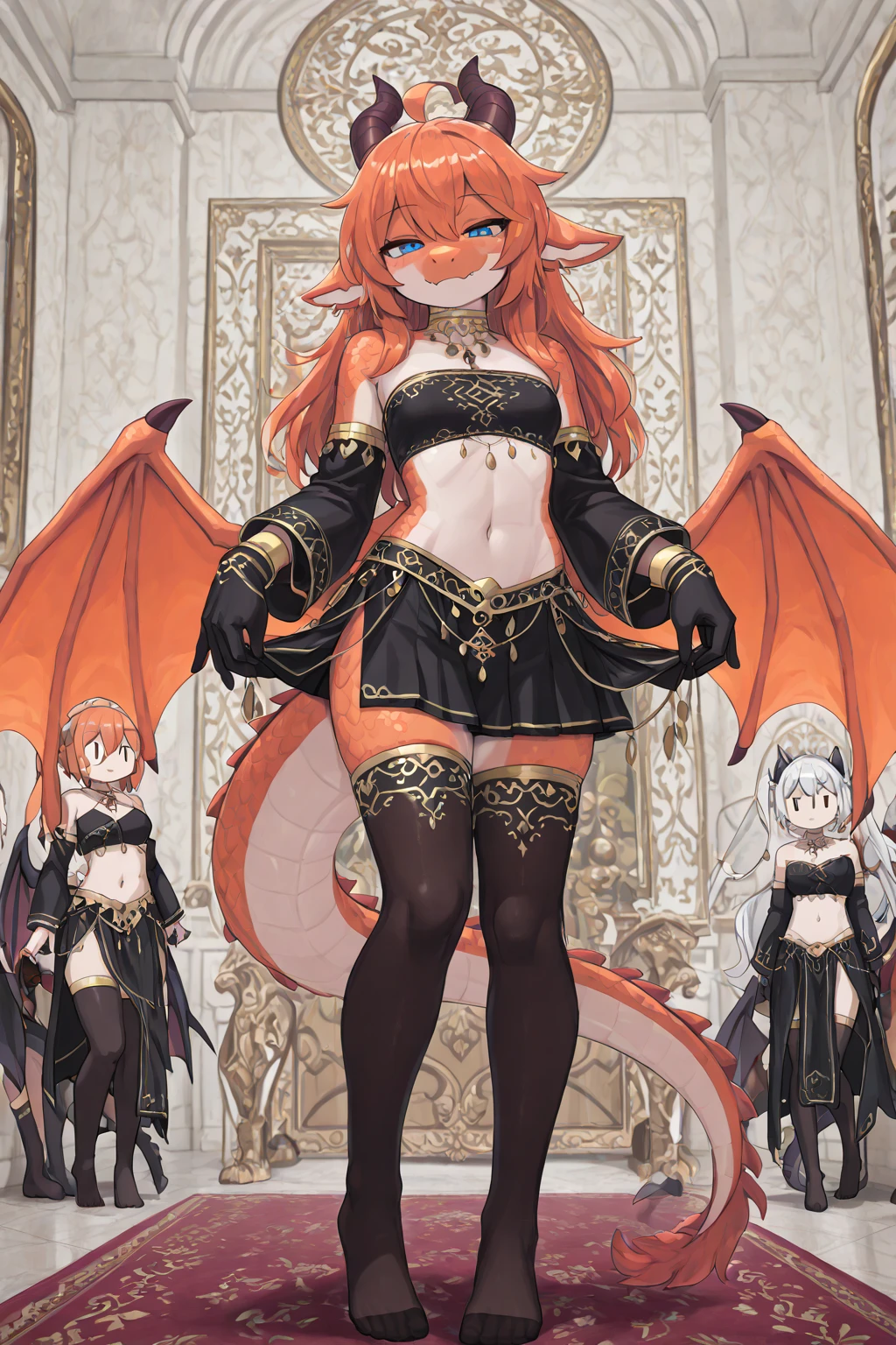 masterpiece, best quality, 3 girls,  variety of hairstyles, high fantasy costume, ((white background)), full body, multiple views, leotard, succubus, dragon horn, detached sleeves,