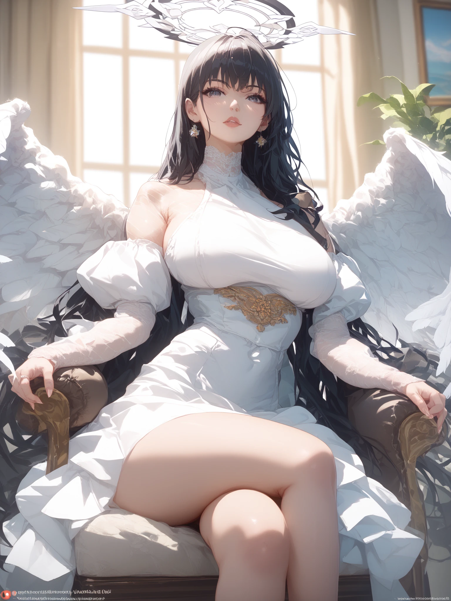 big boobies, wearing white lingerie with embroidery, just a transparent cloak over the body, young-looking woman, lightBrown hair, rosto angelical, small mouth, reminds me of a nymph, succubus. sitting in your armchair, lightly and affectionately touching your breasts. witheout panties