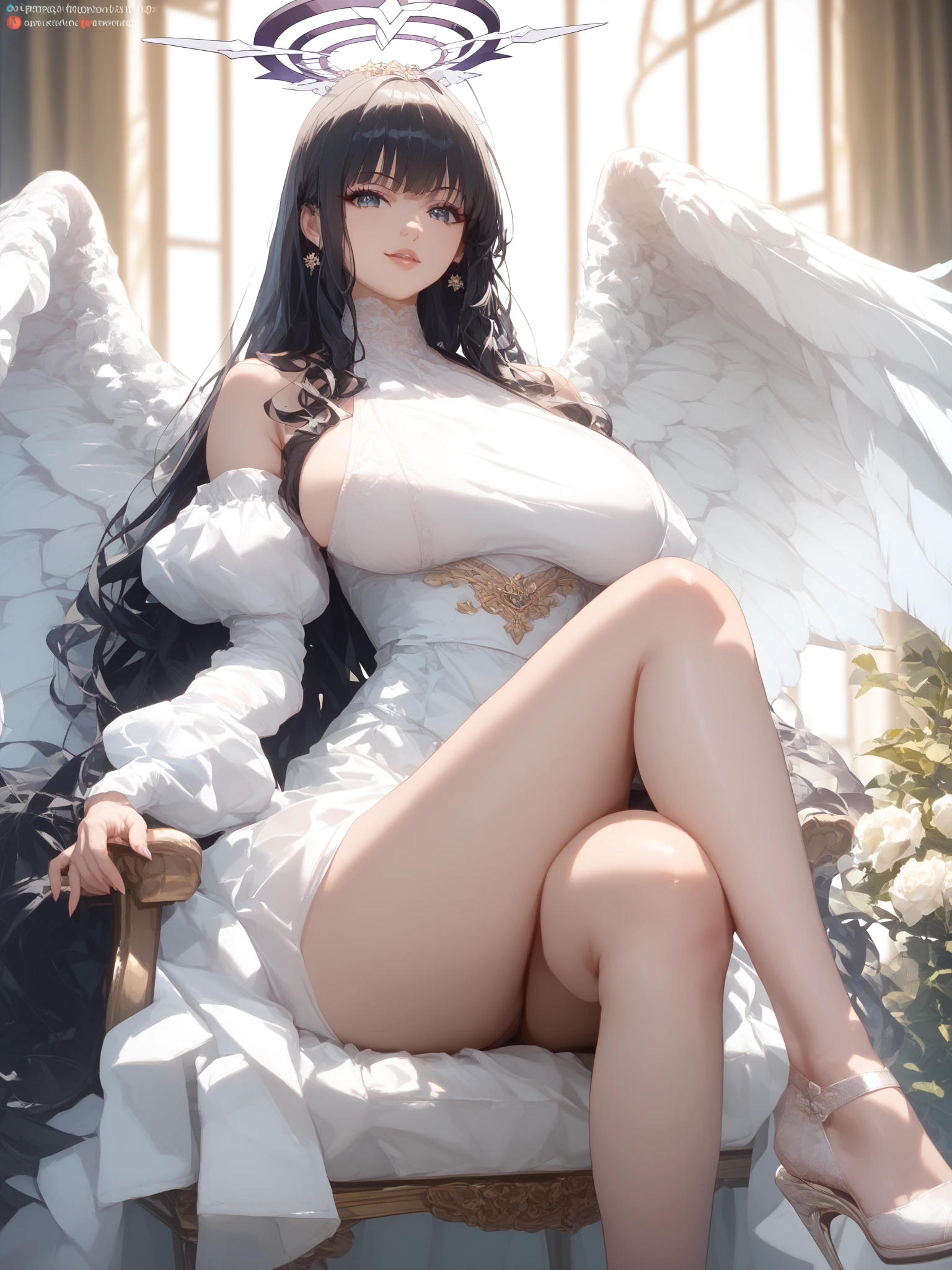 Angel wings, half white and half black, large wings, dangling, 1 female, long legs, lower hemisphere, hip arc, briefs, legs crossed, hands open, beam, shantytown, old residential area, glitter, hug gesture, pretty face, oriental face, outdoor, looking up, low camera, best quality, super fine photo, masterpiece, 8K, UHD, translucent, cool, seductive, fantasy, hyper-realistic, photography level --auto --s2