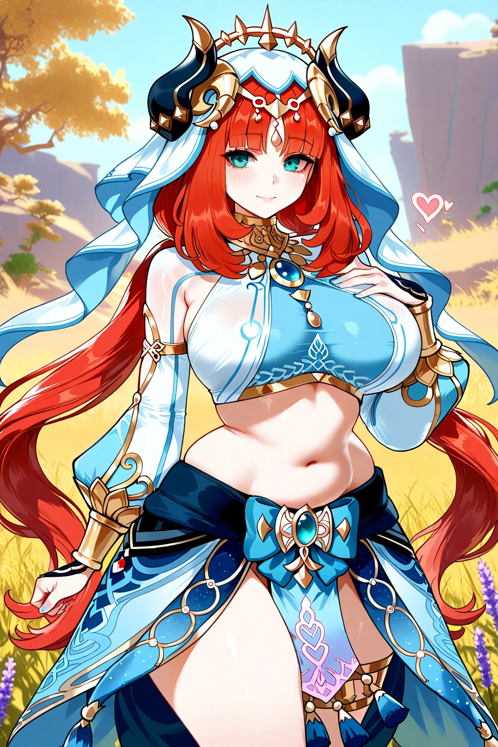 Queen,PAWG,Huge breast,huge hips,curvy body,genshin impact,Nilou, a character from Genshin Impact, wears a white and blue outfit inspired by traditional belly dance costumes and the culture of the Western Regions. Her outfit includes a cropped top, a low-waist skirt, and various golden and blue ornaments. She also wears a white veil with a gold laurel wreath and a heart-shaped tassel, adorned with lavender flowers. Her Hydro Vision is attached to a large blue band on the back of her skirt.,location meadow,hugging aether,aether little