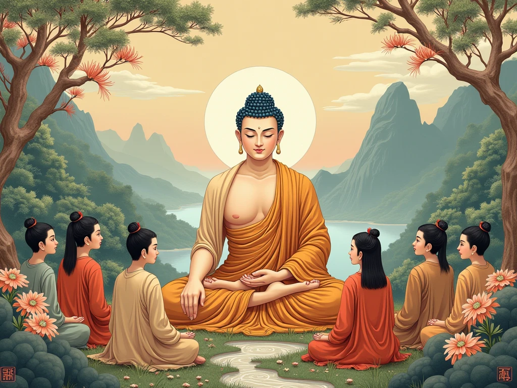 a painting of a group of monks sitting in a circle, buddhism, on the path to enlightenment, on path to enlightenment, buddhist, hindu stages of meditation, the buddha, karma sutra, buddhist art, enlightenment, kuntilanak on bayan tree, buddha, sri lanka, samsara, spiritual enlightenment, beautiful depiction, buddhist monk meditating, monk meditate, monks