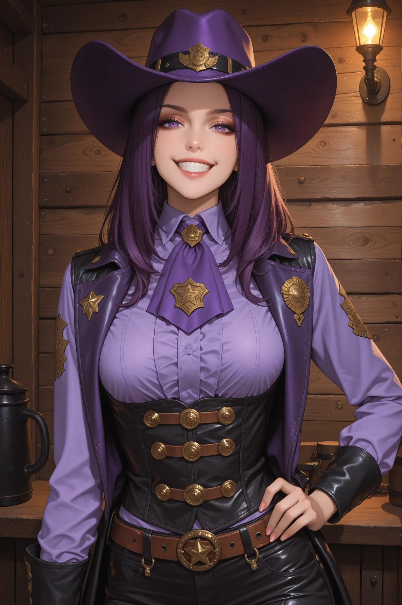 18 year old fashion model [[[[close cleavage]]]], [[[[Big breasts]]]], [[[[Call]]]], [[[[shoulder]]]], perfect eyes, perfect iris，perfect lips，perfect teeth，perfect skin，Have fair skin.，HDR，leather girl，(((Beautiful and glamorous pirate girl)))，(delicate face)，(High definition face)，delicate face，(((Purple pirate outfit)))，(((Tricorn Joe's hat