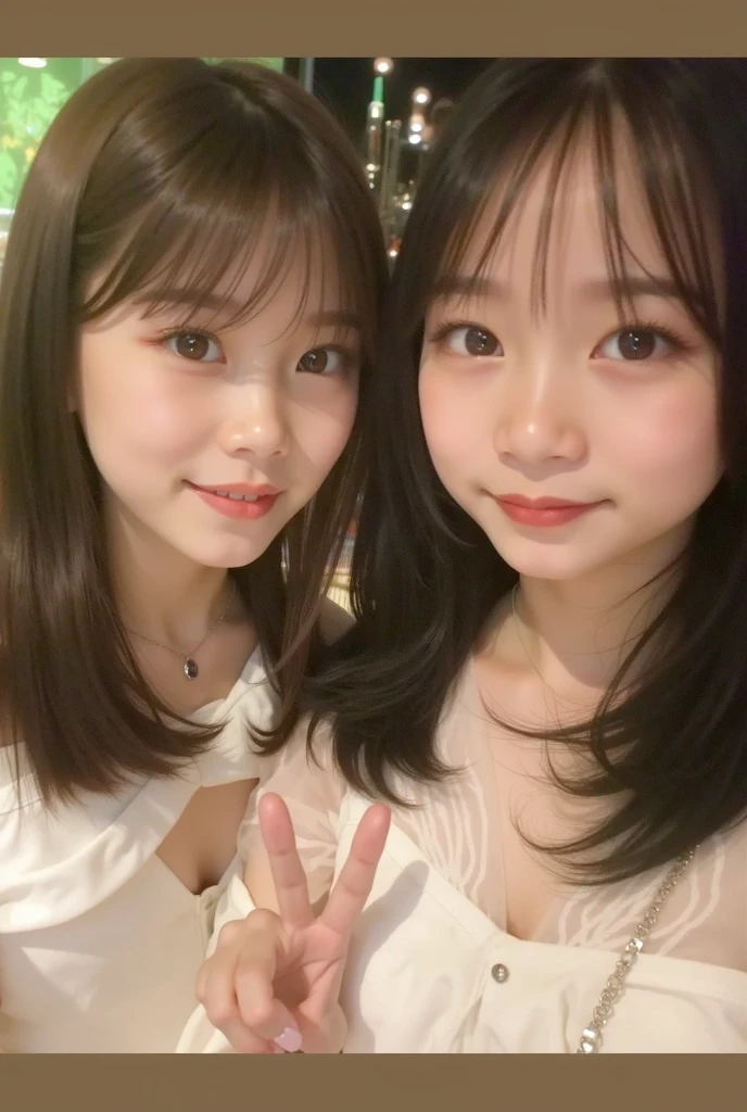 Highest quality、high resolution、(Selfie)、cheek-to-cheek、Two Girls、Japanese、20-year-old、Beauty、Beautiful face、Cute face、Well-formed face、Summer clothes、Tokyo cityscape