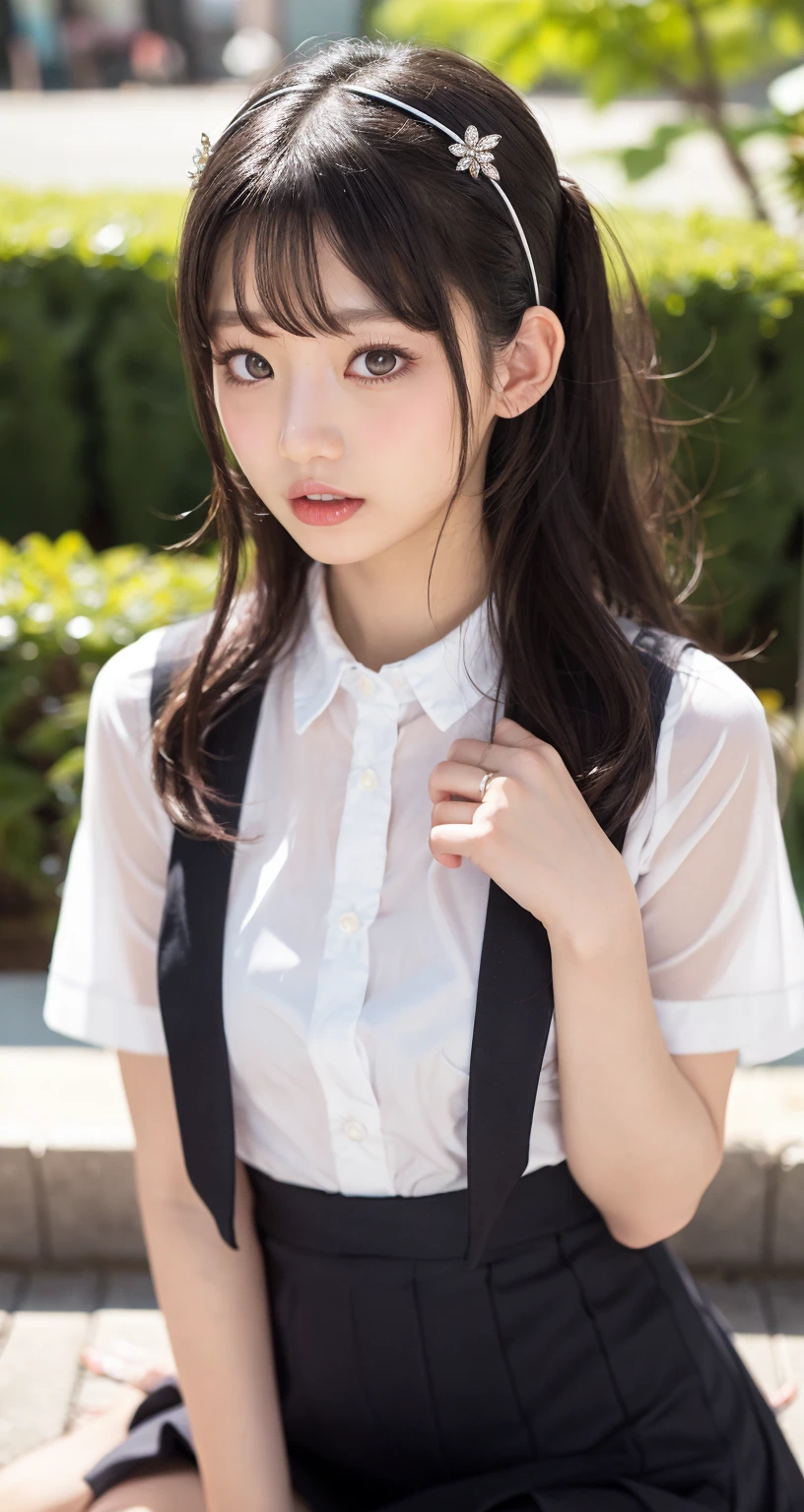 (masterpiece, best quality:1.4), 8k, 15yo, official art, raw photo, absurdres, (close up face:1.4), (white dress shirt:1.2), school uniform, violaceaess,  gardeniass, delicate girl, short sleeve, from above, (navy pleated skirt:1.2), teen, youthful, street, looking at viewer, arch back, no makeup, bow tie, film grain, chromatic aberration, sharp focus, facelight, dynamic lighting, cinematic lighting, detailed eyes and face, bokeh background