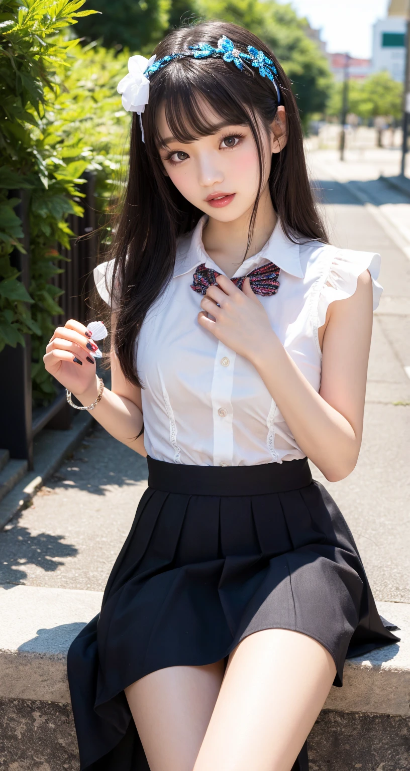 best quality, natural lighting, masterpiece, 1 girl, perfect beautiful face, (photo photo:1.3), edge lighting, photography lighting, (high detail skin:1.2), 8k ultra hd, DSLR, high quality, high resolution, white skin, detailed textured skin, 3/4 body in frame, sexy posing, cute smile face, perfect propotion face, symetric face, eye level shot, 4k, 8k, bokeh, absurd, best ratio four fingers and one thumb, (realistic:1.3), beautiful detailed girl, cute 1girl, dark-brown hair, long hair, ponytail, bangs, volume hairs, collosal-breast, full looking breast, projecting breast, slim waist, slender, small thighs, perfectly proportion, school rooftop background, detailed background, school rooftop, chain-link fence, fence, building, school, bench, white shirt, plaid bow tie, plaid skirt, thighs in frame, standing, hands behind back, sleeveless, projecting breast, loose arm hole design