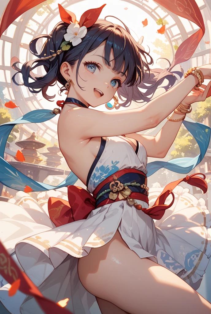 (masterpiece、highest quality、highest quality、Official Art、Beautiful and beautiful:1.2)、(One girl:1.3)Hatsune Miku、Twin tails,Big Breasts,Illustration of a dancing belly dancer、アニメWindイラスト, High resolution, Super detailed, (One girl:1.3), (Dynamic pose):1.0 break, Cowboy Shot, (Pale skin:1.3), ((Detailed blue eyes)), (Bokeh effect), (Dynamic Angle), 1 Very beautiful and charming anime wife in competition dance hall, (Wearing a royal blue satin belly dancer costume:1.37), break, 彼女は金髪のウェーブのかかったTwin tailsの髪型をしています, Medium Breasted, thin, A light smile, Happy, Wind, 8 Life-size, Detailed clothing, Detailed body, Detailed Weapons, Human hand, Fine hand, Perfect Nose, blush, A light smile, Pink Lip Gloss, Looking at the audience, Facing the audience, Sexy model posing, Studio Soft Light, Cinematic Light, Detailed Background, Realistic, ultra-Realistic, masterpiece, 32K Ultra-Clear Images, Japanese anime waifu, Concept art by Kyoto Animation, makoto shinkai,