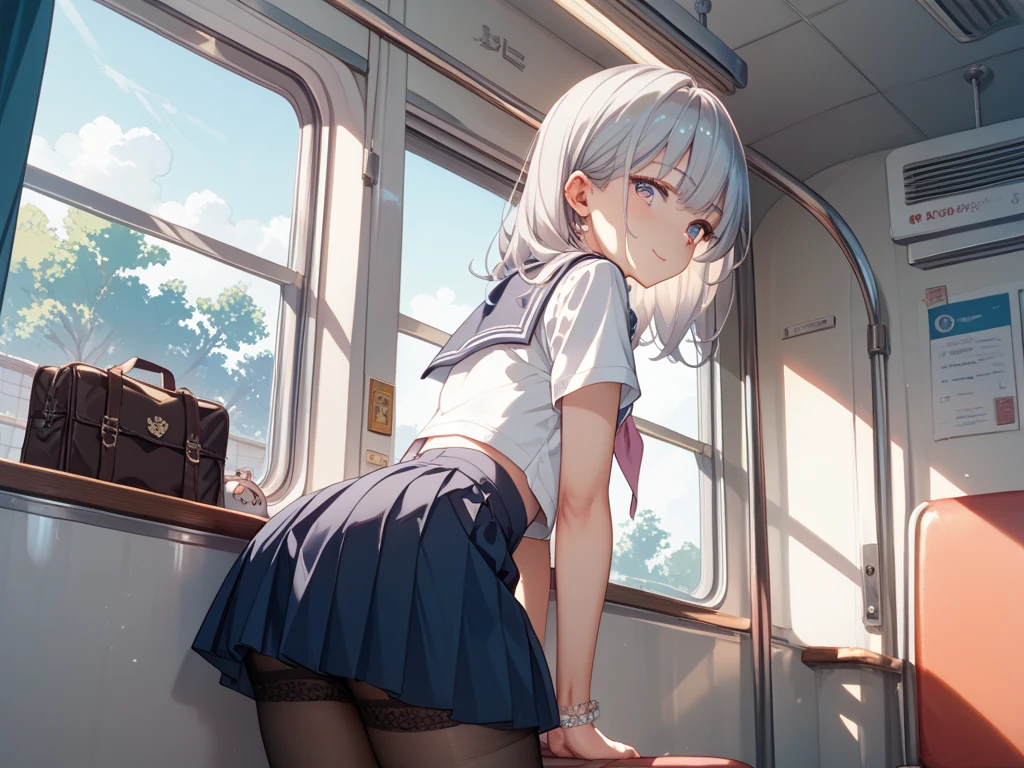 ((Highest quality)), ((masterpiece)), (detailed), One girl, Inside the train, ((school uniform)), Crowded trains in Japan,Excessive crowding,((Male hand)),((Girl being held by man)),Girl standing and looking back,View from below