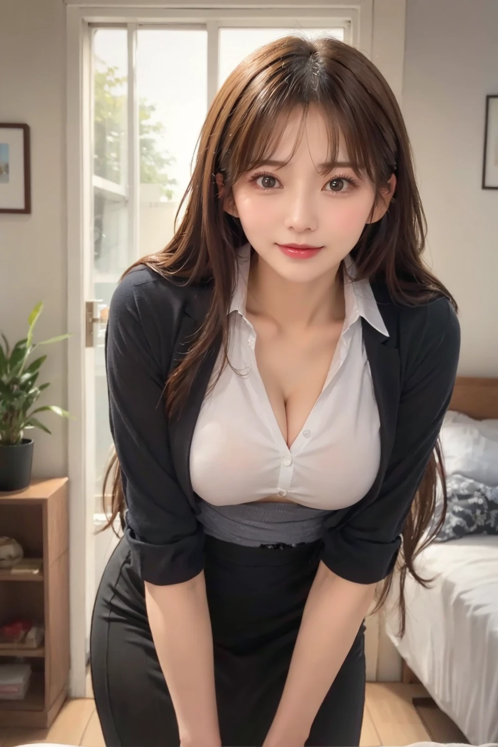 (beautiful eyes), (school-uniform-miniskirt:1.4), hands on legs, big breasts, slim legs, (masterpiece, best quality, realistic:1.3), 1 girl, solo, perfect proportion body, detailed eyes, kpop idol, korean beauty, [feminine pose], 18 years old korean student, white skin, large breasts, breastless_clothes, zettai_ryouiki, thigh_strap, cleavage_cutout