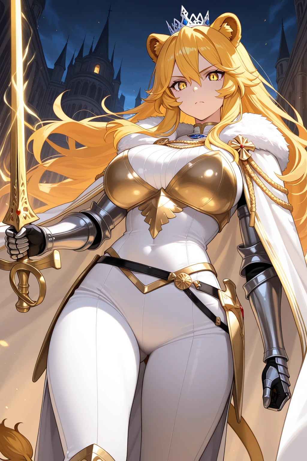Blonde woman with huge breasts，Queen，Knight armor，Thin legs，iron boots，castle